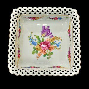 Vintage Bouquet Pierced Square Bowl Dish 8 1/8 Inch Bavaria Schumann Cottagecore
